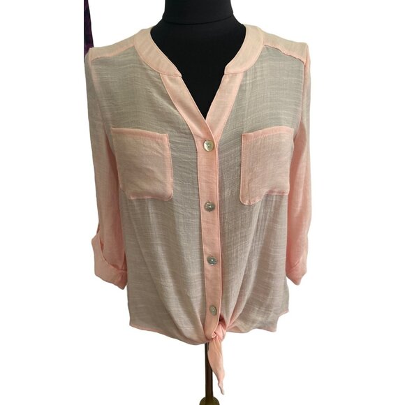Ruby Rd. Petite Sheer Button-Down Front Tie Blouse - Pink , Size PS - Picture 1 of 7